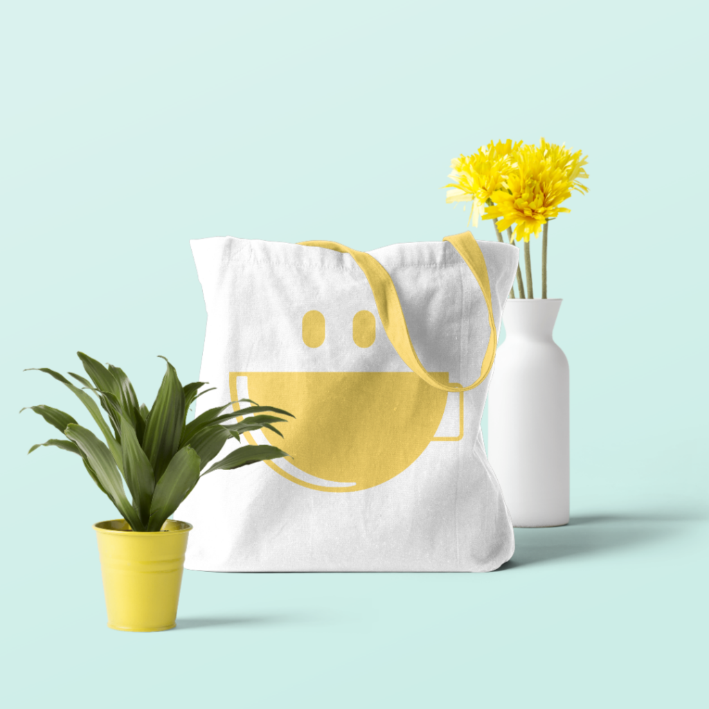 kindly coffee reusable tote bag with yellow and blue