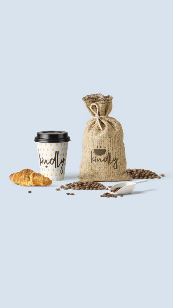 kindly coffee company mockup for logo and brand pattern on coffee cup and burlap bag